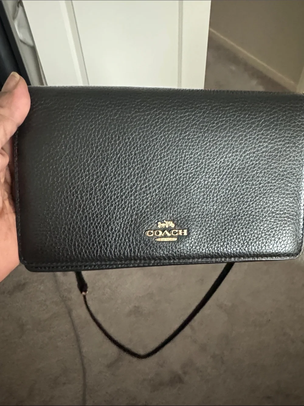 Coach Black Pebbled Leather Wallet Crossbody with Gold Logo